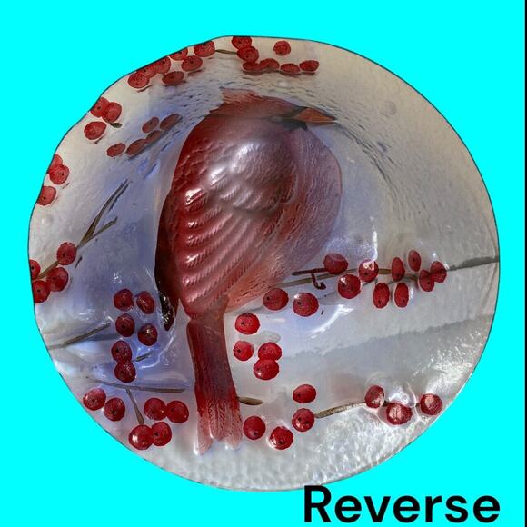 Christmas Red Cardinal & Winter Holly Berries Fused Art Decorative Bowl 13" x 2” - Picture 5 of 9